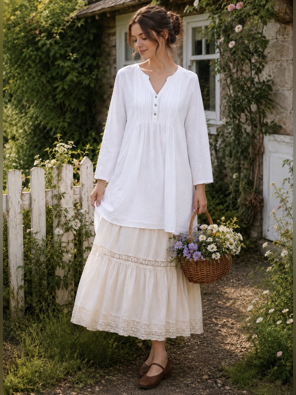 Coldwater Creek White Pintuck Henley Tunic Size Medium Peasant Cottagecore Boho